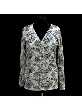 SML Design Silk Cardigan Sweater XL Tan Black Tropical Palm Tree Print V-Neck